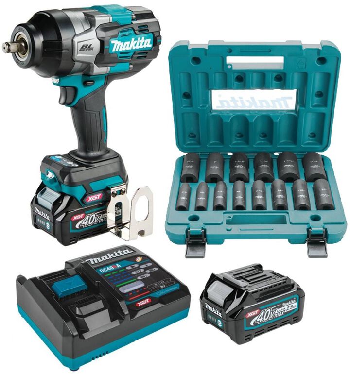 Makita 40V Max XGT Brushless Cordless 4 Speed High Torque 1/2 Inch Square Drive Impact Wrench Kit & 14pc. Deep Impact Socket Set Bundle
