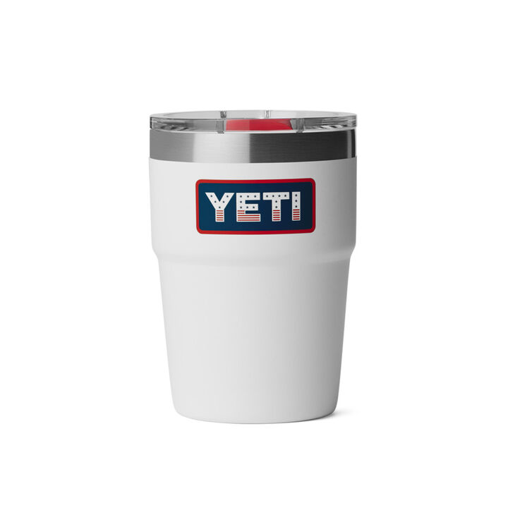 Yeti Rambler 16 Oz Stackable Pint with Magslider Lid White with Patriotic Badge