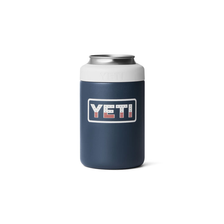 Yeti Rambler 12 Oz Colster Can Cooler Navy and White with Patriotic Badge