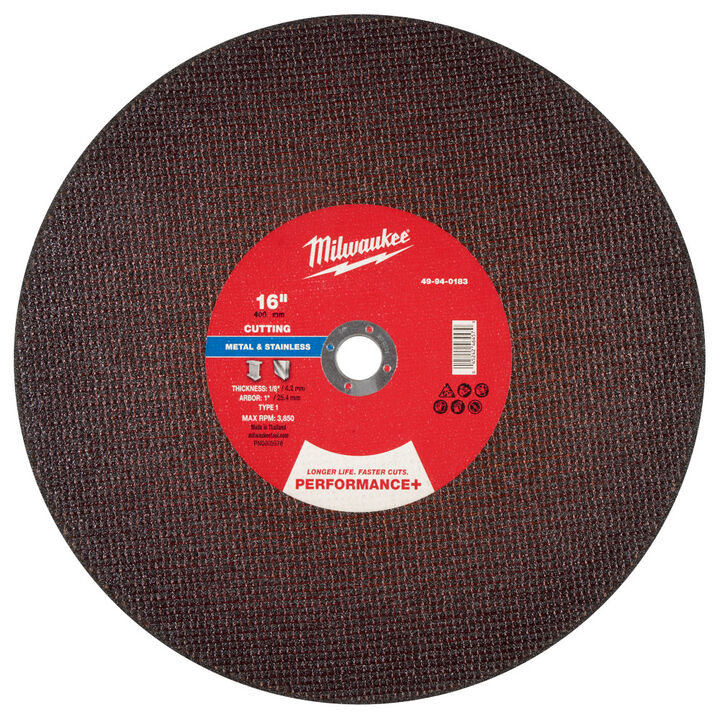 Milwaukee 16 Inch x 1/8 Inch x 1 Inch Performance+ Metal Cut Off Wheel Type 1