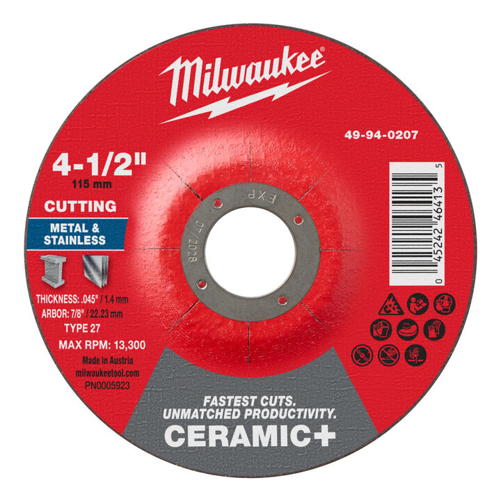 Milwaukee 4-1/2 Inch x .045 Inch x 7/8 Inch Ceramic+ Metal Cut Off Wheel Type 27