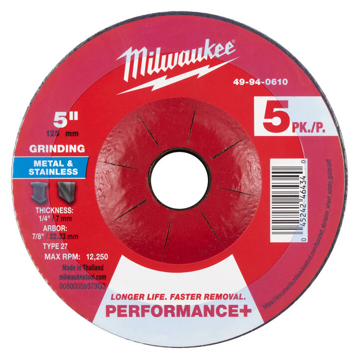 Milwaukee 5 Inch x 1/4 Inch x 7/8 Inch Performance+ Metal Grinding  Wheel Type 27 5 Pieces