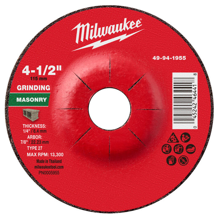 Milwaukee 4-1/2 Inch x 1/4 Inch x 7/8 Inch Masonry Grinding Wheel Type 27