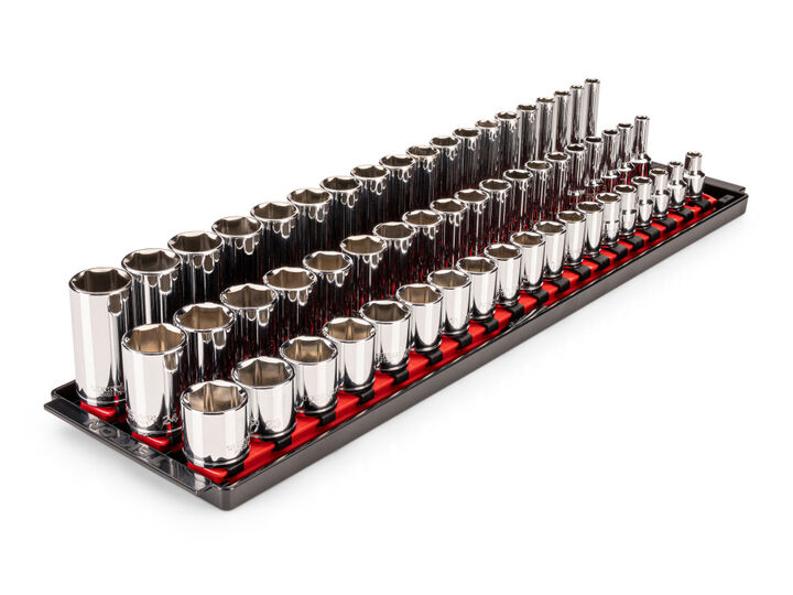 Tekton 3/8 Inch Shallow, Semi-Deep, and Deep 6 Point Sockets, Rails, 57 Pieces