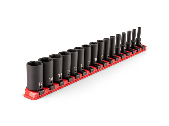 Tekton 1/4 Inch Semi-Deep 6 Point Impact Sockets, Rail, 4-17 mm, 16 Pieces