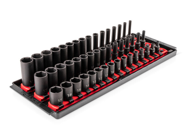 Tekton 1/4 Inch Shallow, Semi-Deep, Deep 6 Point Impact Sockets, Rails, 48 Pieces