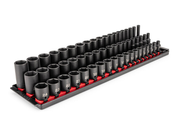 Tekton 3/8 in Shallow, Semi-Deep, Deep 6 Point Impact Sockets, Rails, 57 Pieces