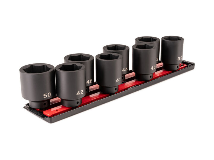 Tekton 1/2 Inch Drive Deep 6 Point Impact Socket Set, Rails, 8 Pieces 39-50 mm