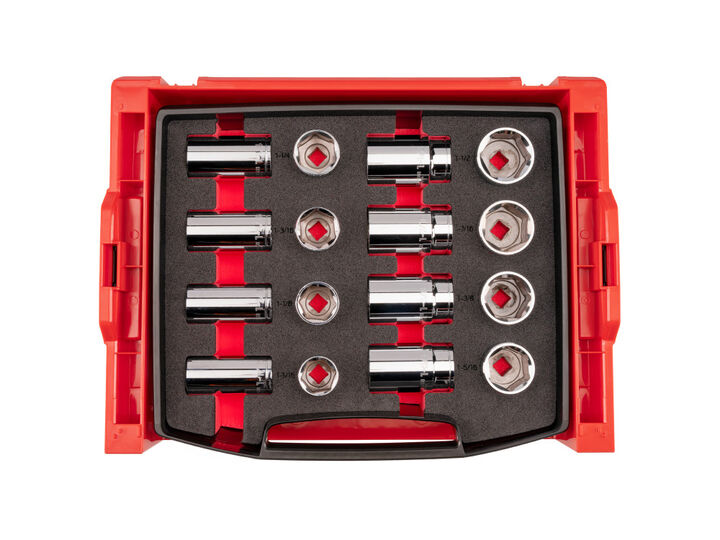 Tekton 1/2 Inch Shallow and Deep 6-Point Sockets, Drawer, 16 Pieces