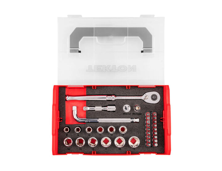 Tekton 3/8 Inch 6 Point Socket, Bit, and Ratchet Set with Stacking Organizer, 35 Pieces