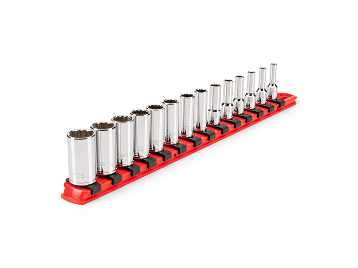 Tekton 1/4 Inch Drive Semi-Deep 12 Point. Socket Set, Rail, 4 - 15 mm, 14 Pieces
