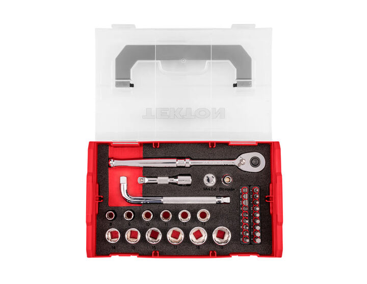 Tekton 3/8 Inch 12 Point Socket, Bit, and Ratchet Sets with Stacking Organizer, 35 Pieces
