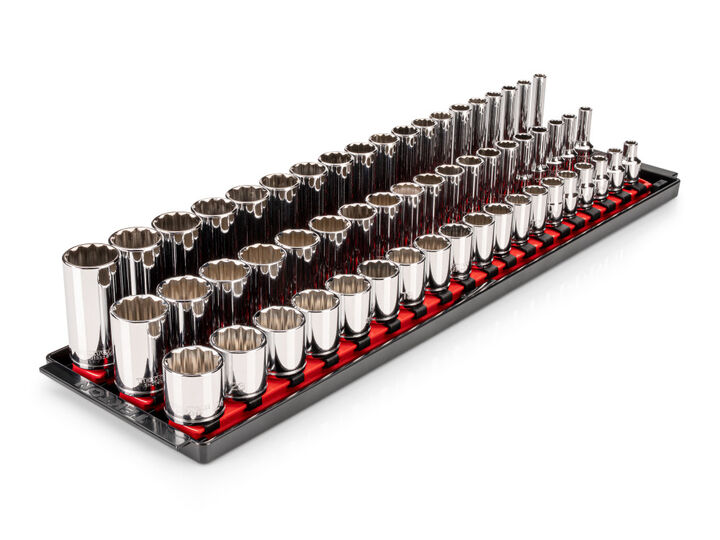 Tekton 3/8 Inch Shallow, Semi-Deep, and Deep 12 Point Sockets with Rails, 57 Pieces