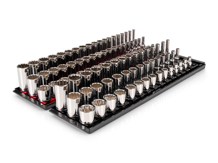 Tekton 3/8 Inch Shallow, Semi-Deep, and Deep 12 Point Sockets, Rails, 102 Pieces