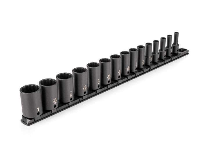 Tekton 3/8 Inch Semi-Deep 12 Point Impact Sockets, Rail, 1/4-1 Inch, 15 Pieces