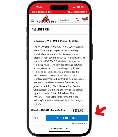 Acme Tools mobile item description and add to cart button