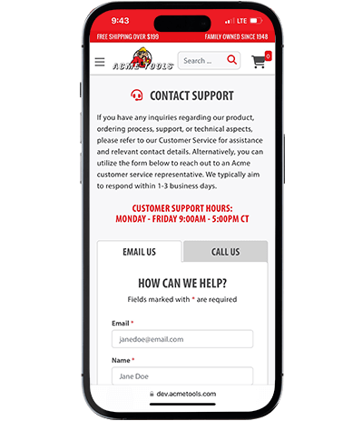 Acme Tools mobile customer service contact page