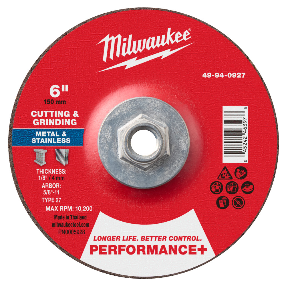 Milwaukee 6 Inch x 1/8 Inch x 5/8 Inch-11 Performance+ Dual Metal Cut & Grind Wheel Type 27