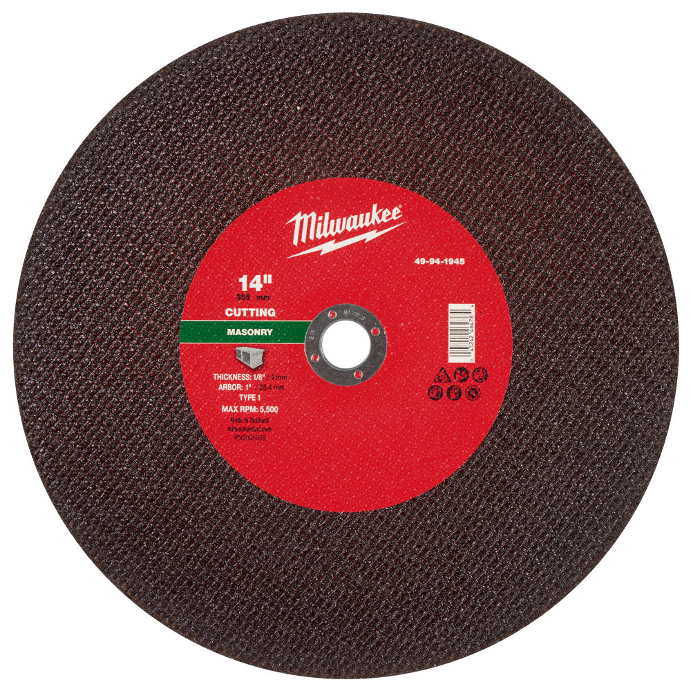 Milwaukee 14 Inch x 1/8 Inch x 20mm Masonry Cut Off Wheel Type 1