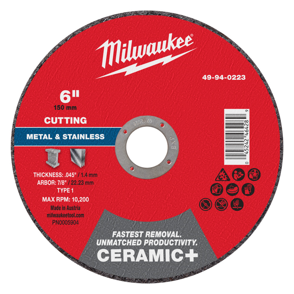 Milwaukee 6 Inch x .045 Inch x 7/8 Inch Ceramic+ Metal Cut Off Wheel Type 1